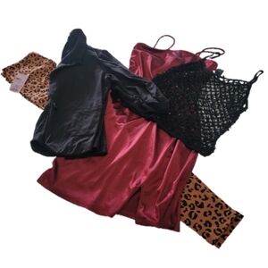4 Piece Bundle Satin Mini Dress Black Jacket Leopard Print Leggins Vintage